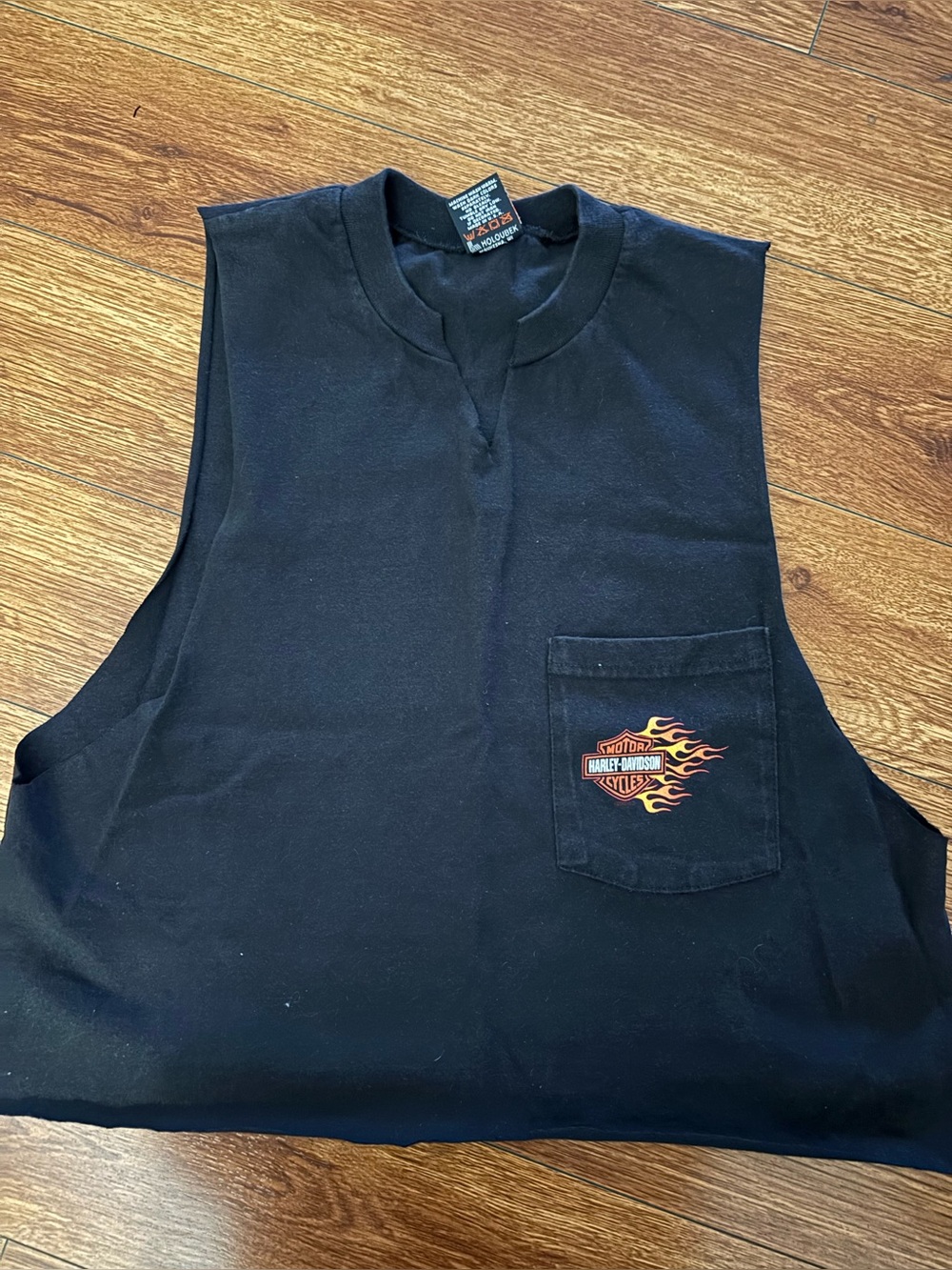 Vintage 2000s Harley-Davidson Black Muscle Tank with Orange Flame Pocket logo